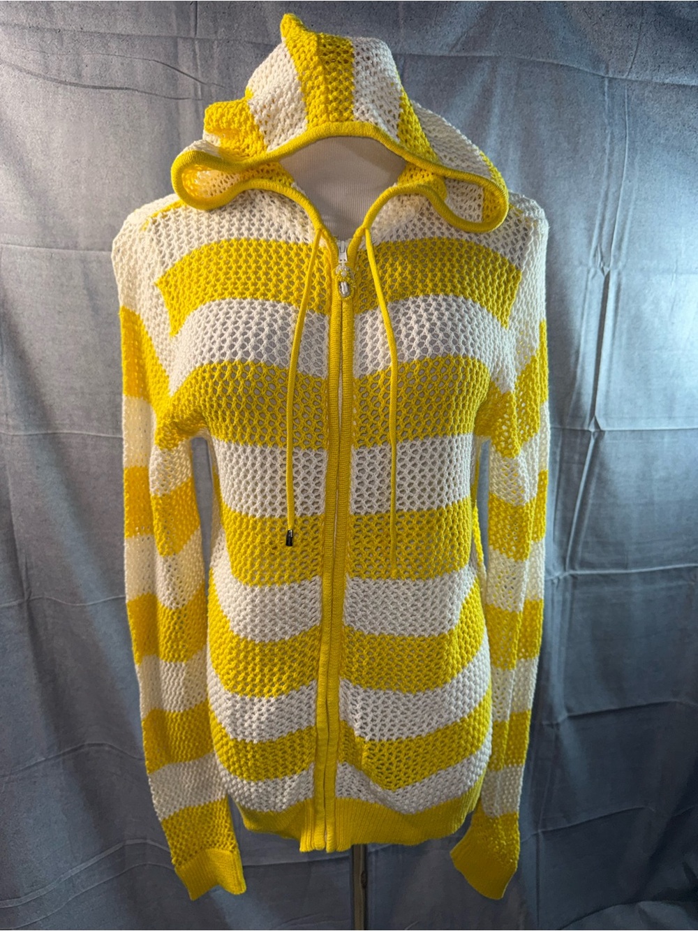 1720-Quacker Factory Yellow and White Striped Hooded Zip Cardigan